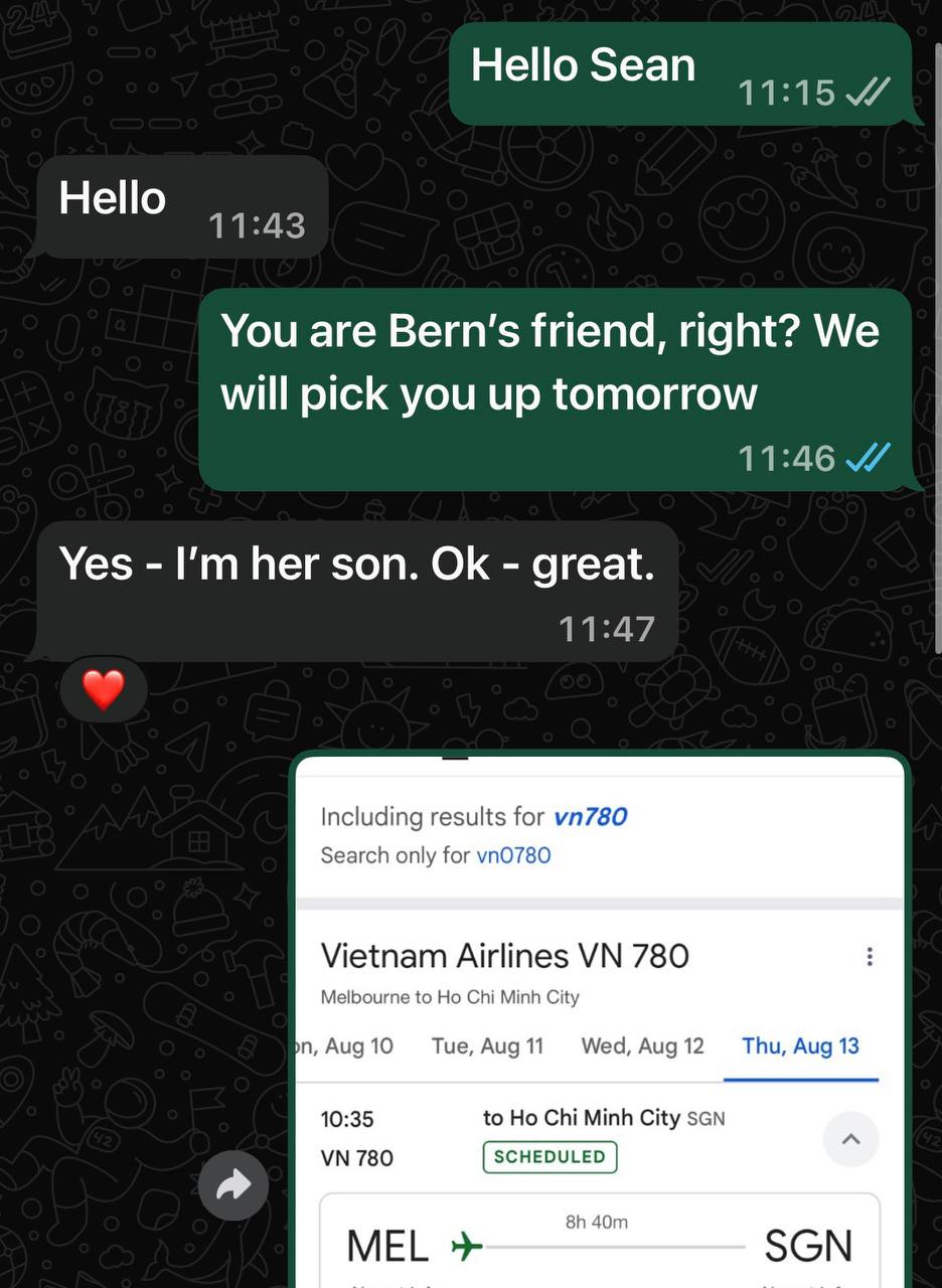 WhatsApp — Sean Melbourne to SGN VN780
