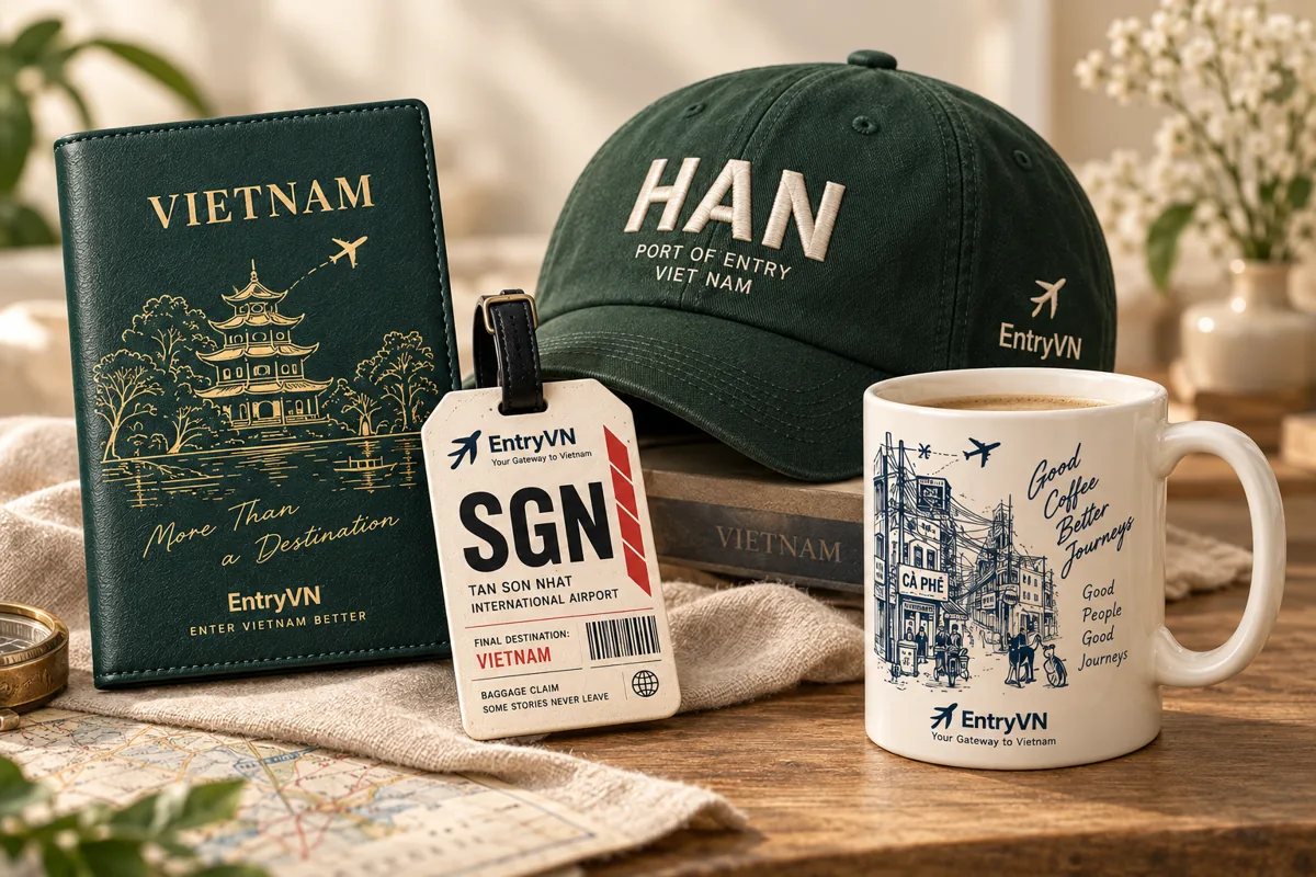 EntryVN passport cover, HAN cap, SGN luggage tag and illustrated mug
