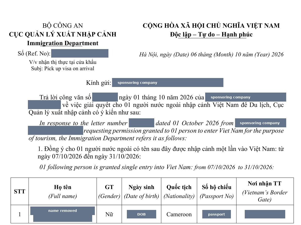 Vietnam visa on arrival approval letter from the Immigration Department, personal and partner details redacted