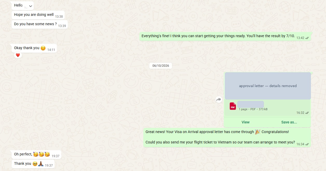 WhatsApp conversation: visa on arrival approval letter delivered, personal details removed